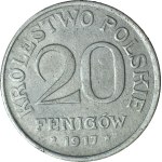 R-, Królestwo Polskie, 20 fenigów 1918 FF, DESTRUKT - double die rewersu
