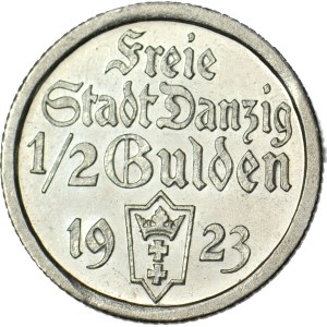 Svobodné město Gdaňsk, 1/2 guldenu z roku 1923, zrcadlový tisk, padělek nejvyšší kvality