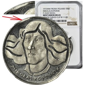 100 zlotych, 1973, Nicolaus Copernicus, PROOF, NICKEL, DAMAGED – coin-cutting error