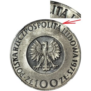 100 zlotych, 1973, Nicolaus Copernicus, PROOF, NICKEL, DAMAGED – coin-cutting error