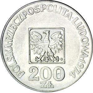 R-, 200 zlotých, 1974, 30 let Polské lidové republiky, rubová strana otočená o 180 stupňů