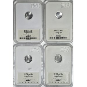 1 and 2 grosze coins from 1934, 5 groszy coins from 1968 and 1971, mint condition, set of 4