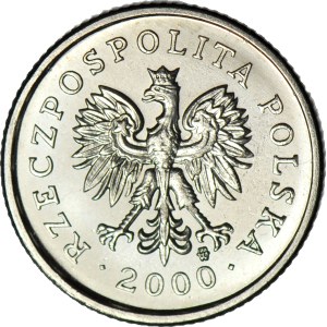 R-, 20 groszy 2000, mint proof, damaged, 180-degree flip