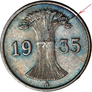 R-, Německo, 1 fenig 1935 A, Berlín, prasklina razítka