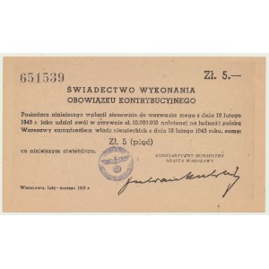 5 zł 1943, Contribution Certificate, with a stamp, very rare