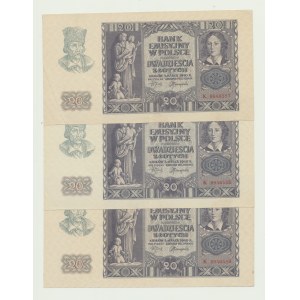 20 zlotých z roku 1940, séria K, 3 ks, po sebe idúce čísla