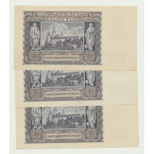 20 zlotých z roku 1940, séria K, 3 ks, po sebe idúce čísla