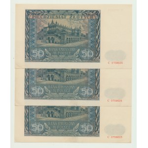 50 zlotys 1941, série C, 3 exemplaires, numéros consécutifs