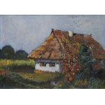 Borys PETRYŃSKI (1891-1942), Pejzaż z bieloną chatą i malwami