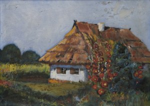 Borys PETRYŃSKI (1891-1942), Pejzaż z bieloną chatą i malwami