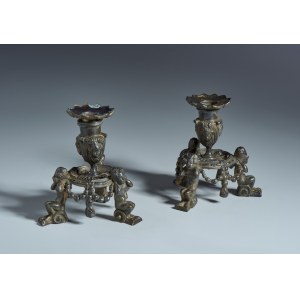Pair of candlesticks. Niccolò Roccatagliata (1560 - 1636) School of. 16th-17th century. Bronze, black patina.