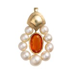 Yellow gold opal pendant with a fiery natural opal and Akoya pearls