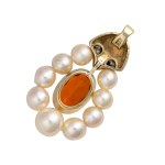Yellow gold opal pendant with a fiery natural opal and Akoya pearls