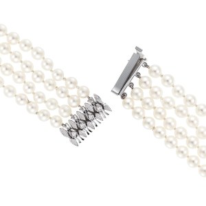 Three-row Akoya sea pearl bracelet with rare white diamonds totaling 0.11 ct—certified