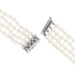 Three-row Akoya sea pearl bracelet with rare white diamonds totaling 0.11 ct—certified