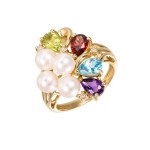 Gold ring with Akoya pearls, diamonds, and natural colored gemstones