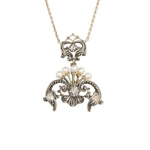 Collana d'epoca con diamanti naturali e perle