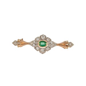 Gold brooch with natural diamonds (0.43 ct) and a natural emerald (0.38 ct) — certified