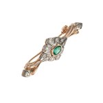 Gold brooch with natural diamonds (0.43 ct) and a natural emerald (0.38 ct) — certified