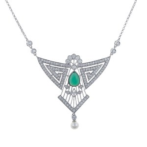 Collier en diamants et émeraude en or blanc, 0,95 ct