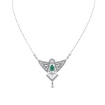 White Gold Diamond Necklace with an Emerald, 0.95 ct