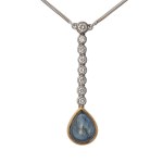 Gold necklace with rare white natural diamonds (0.52 ct) and a sapphire (5.50 ct) — certified