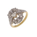Art Deco gold ring with natural rutile and a cultured pearl
