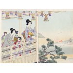 Watanabe Nobukazu (1872-1944), Piękności na tarasie obserwujące zatokę i pancernik, wyd. Japonia, 1903 r.