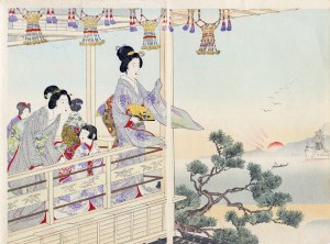 Watanabe Nobukazu (1872-1944), Piękności na tarasie obserwujące zatokę i pancernik, wyd. Japonia, 1903 r.