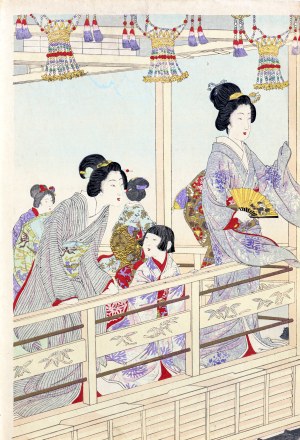 Watanabe Nobukazu (1872-1944), Piękności na tarasie obserwujące zatokę i pancernik, wyd. Japonia, 1903 r.