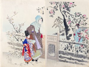 Mizuno Toshikata (1866-1908)?, Podziwianie kwiatu śliwy, wyd. Hasegawa Tsunejirō, Tokio/Japonia, 1896 r.