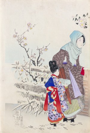 Mizuno Toshikata (1866-1908)?, Podziwianie kwiatu śliwy, wyd. Hasegawa Tsunejirō, Tokio/Japonia, 1896 r.
