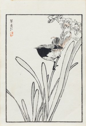 Kōno Bairei (1844-1895), Kląskawka syberyjska i narcyz, wyd. Ōkura Magobei, Tokio/Japonia, 1881 r.
