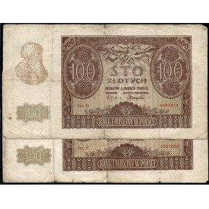 Poland. 1940 100 Zlotych Prefix D & E - 2 Pieces