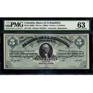 Colombia. 1880s 5 Pesos = 5 Dollars - Banco de la Republica