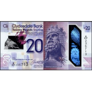 Skotsko. 2019, 20 liber, předpona W/KN – Clydesdale Bank – polymerová bankovka