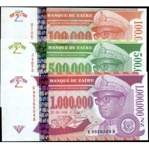 Zaire. 1996 - 100000 500000 1000000 Zaires - 3 Pieces