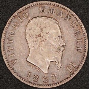 Italy. 1867 M BN 1 Lira Silver