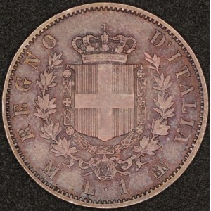 Italy. 1867 M BN 1 Lira Silver