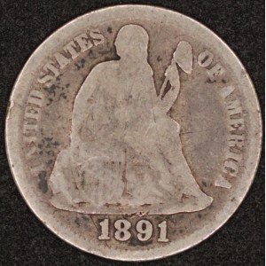 United States of America. 1891 1 Seated Liberty Dime Philadelphia Silver