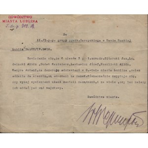 Second Polish Republic, Lublin City Command] Notice regarding the desertion of six lancers, addressed to Lt. Col. Zarzycki’s unit in Rawa Ruska. Lublin, December 26, 1918.