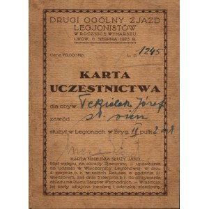 [Second Polish Republic, Second General Congress of Legionnaires, 1923] Registration card for Józef Tekielak. Lviv, August 6, 1923 [2nd Brigade of the Polish Legions]