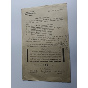 LETTER FROM THE BIELSKO WELFARE ASSOCIATION, BIELITZ, WOLF, SCHUBERT, SCHMIDT, 1931