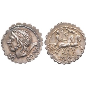 L. Memmius Galeria, denarius serratus, Řím, 106 př. n. l.; stříbro (4,01 g; 18 mm; 3 h)
