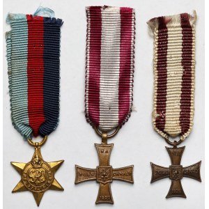 II RP / PSZnZ, Miniatury odznaczeń - w tym Krzyże Walecznych - zestaw (3szt)