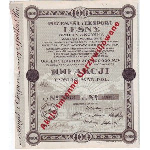 Lesný priemysel a export, 100 akcií emisie v hodnote 300 miliónov na 100 000 mariek, 1923