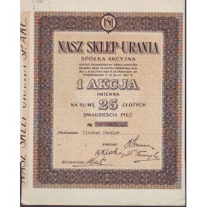 OUR STORE = URANIA, registered shares in the name of Czesław Klarner for 25 zł, no issue