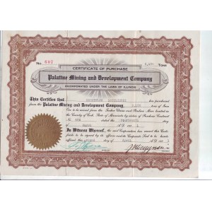 Palatine Mining and Development Co., stock certificate for 2,100 shares, Chicago, 1921