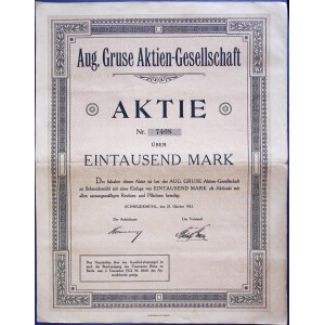 Aug. Gruse AG, akcja na 1000 marek, Piła 1922 r.