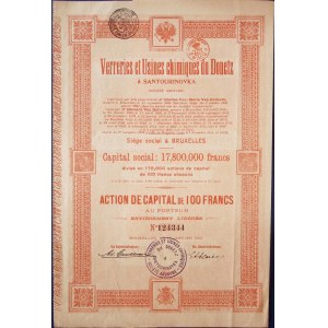 Sklárne a chemické továrne v Donecku, akcia v hodnote 100 frankov z roku 1920.